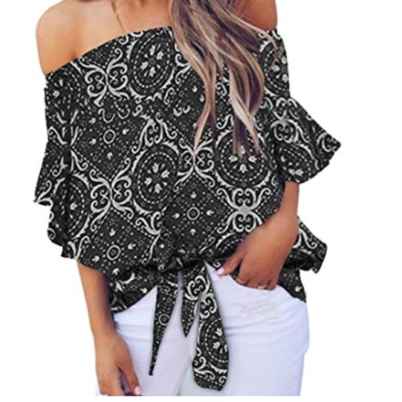 Floral Off Shoulder Flare Sleeve Blouse Top - Picture 3 of 4